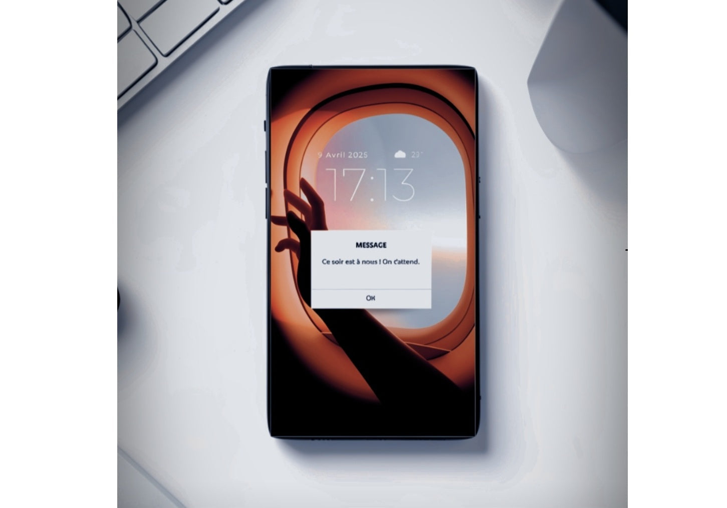 Ecran de téléphone avec un message affiché "ce soir est à nous ! On t'attend." posé sur un bureau blanc à côté d'un clavier.
