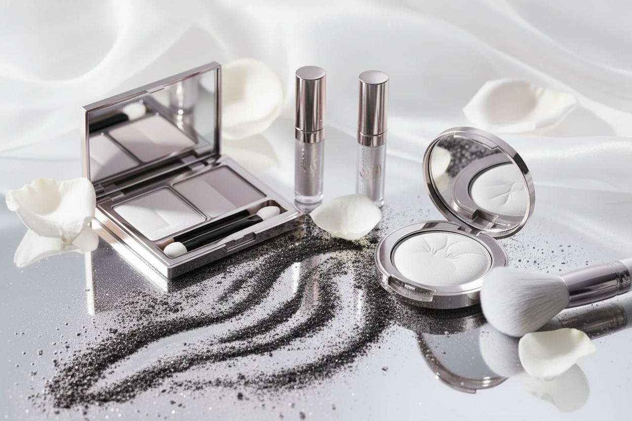 Set de maquillage, min palette, 2 gloss, poudrier et pinceau sur une table effet miroir, dsn un décor blanc satiné, poudre de maquillage renversé et pétale de fleur blanche.