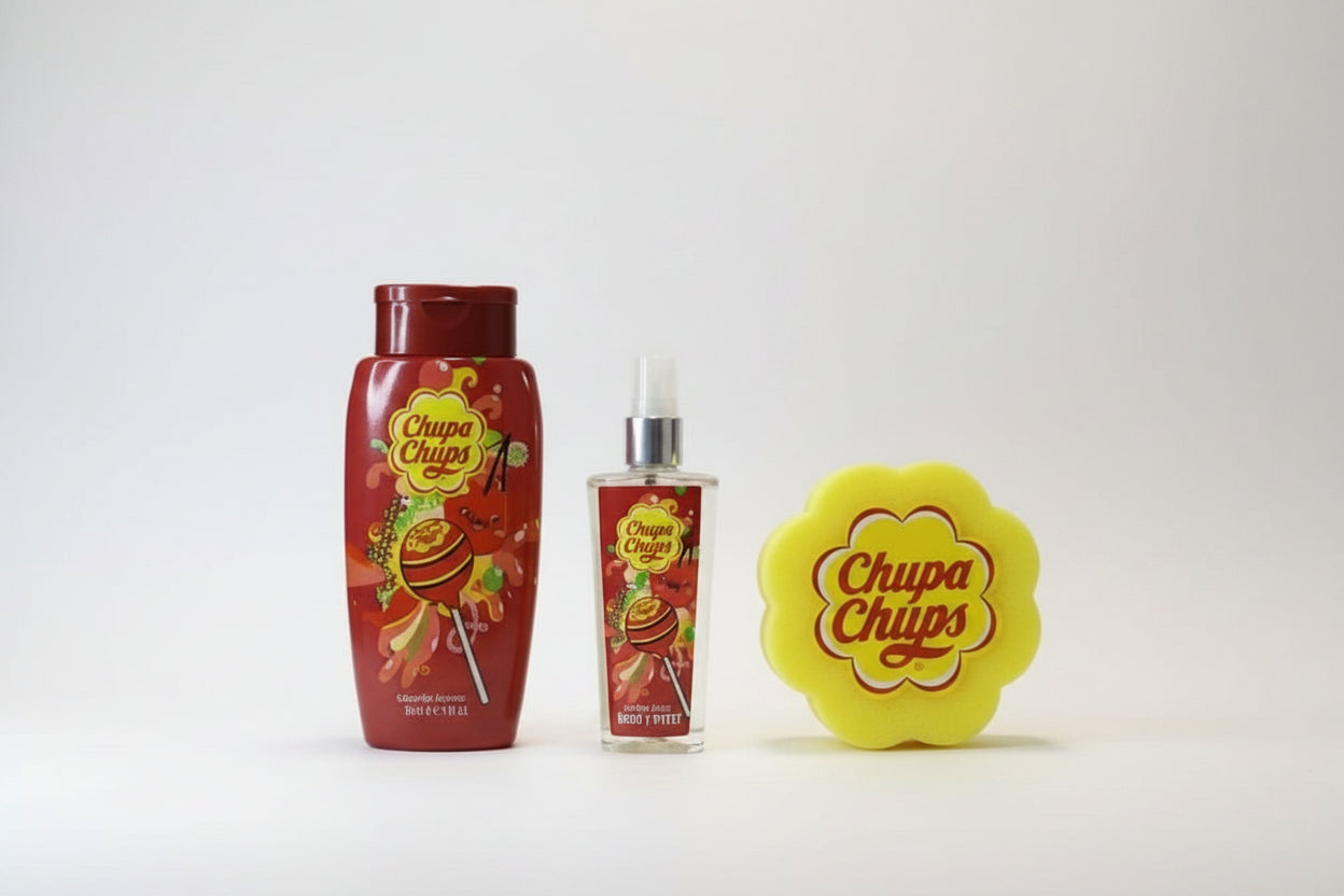 Coffret Chupa Chups cerise gel douche 250ml brume 200ml éponge