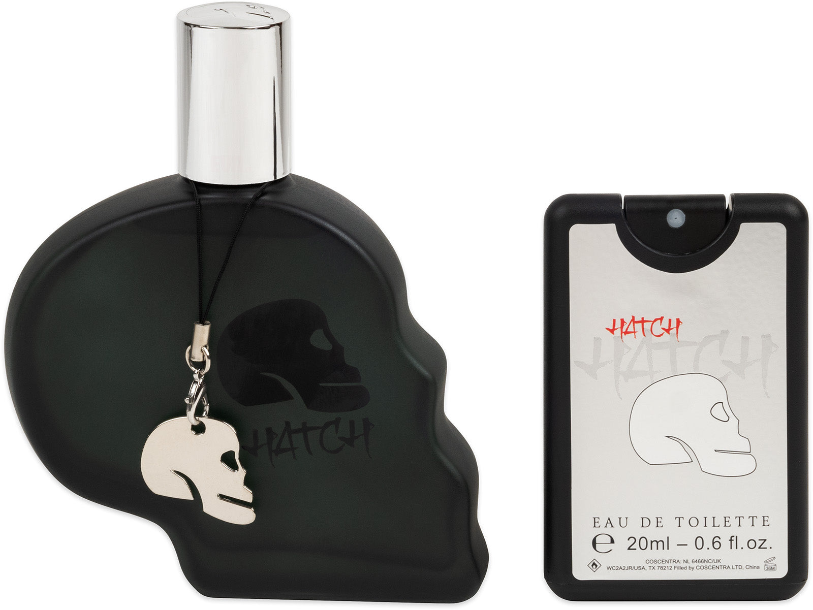 intérieur coffret eau de toilette homme omerta hatch eau de toiolette 100ml + eau de toilette 20ml + porte clé tête de mort 