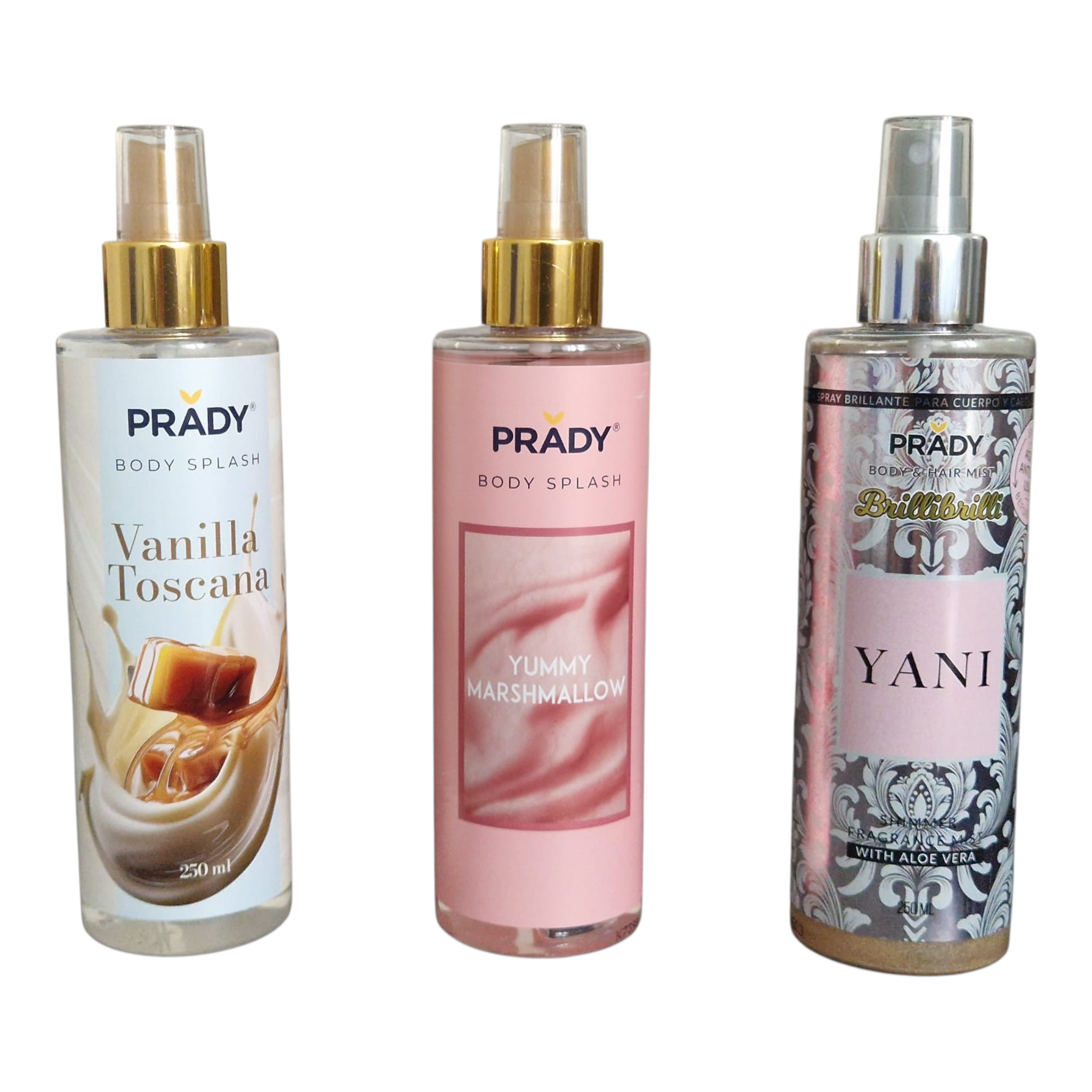 Pack 3 Brumes Corps · Vanille Toscane, Marshmallow, Yani · Prady