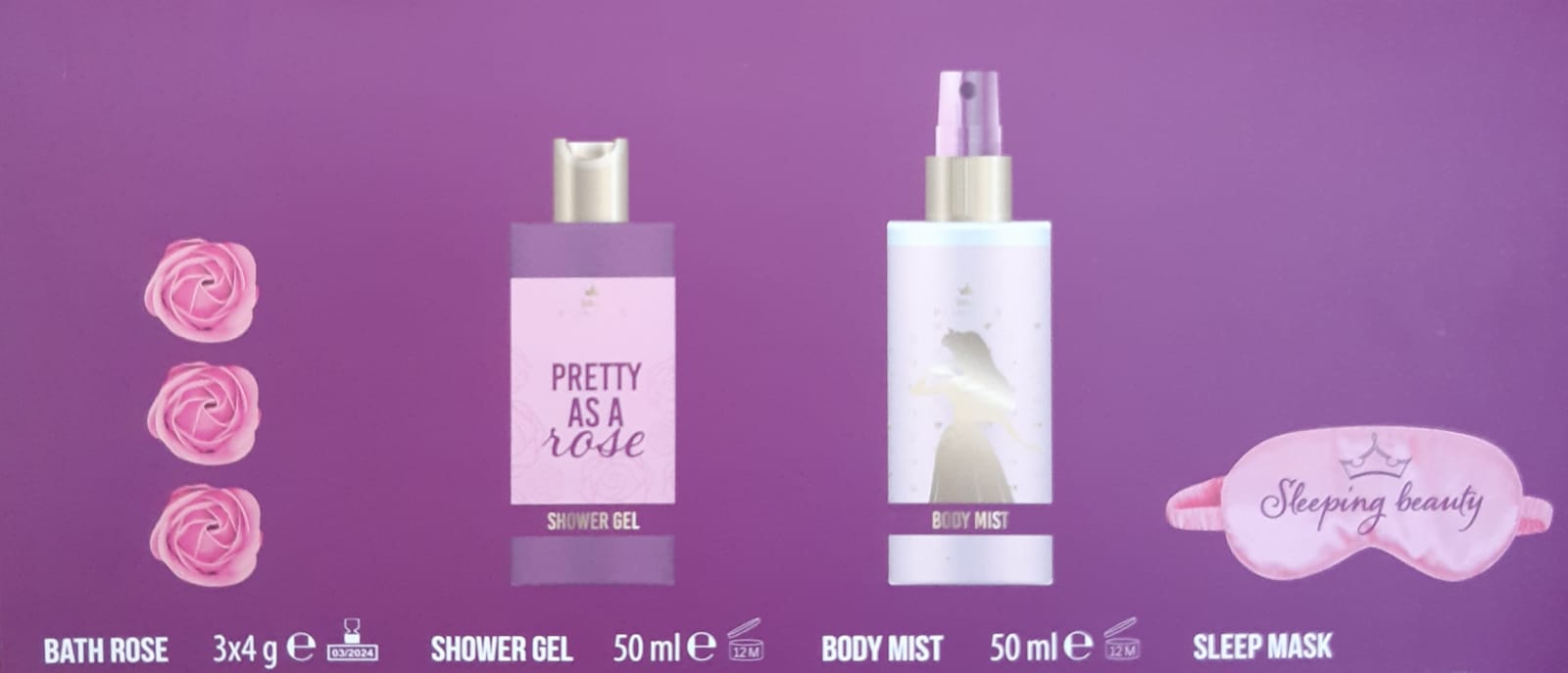 Coffret Sleeping Beauty – Disney x SENCE intérieur : 3 roses de bain, 1 gel douche 50ml, 1 brume 50ml et 1 masque de nuit